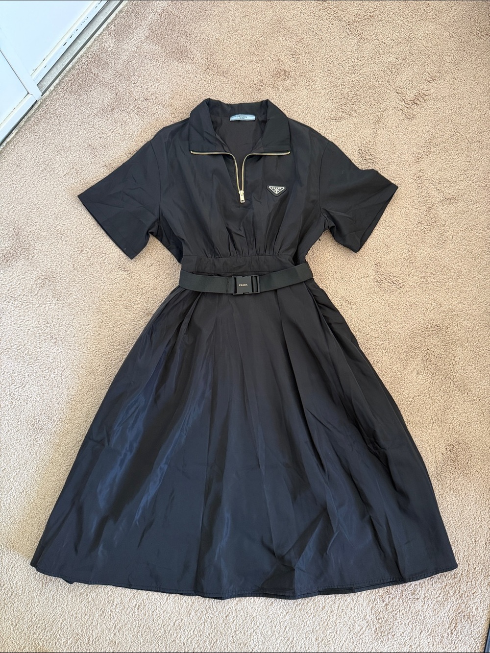 Prada Black Short-Sleeve Polo Zip Dress with Belt